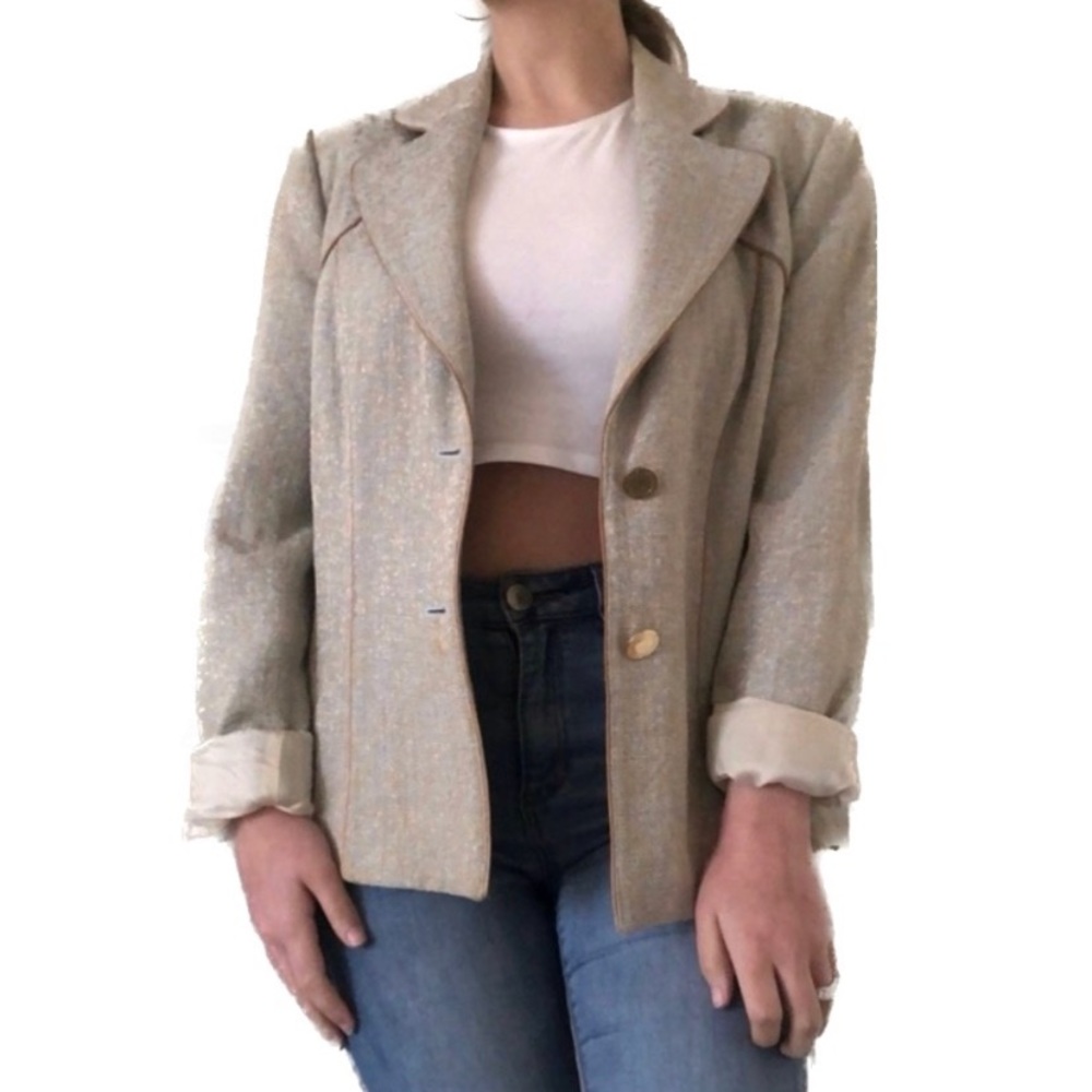 Vintage Les Copains Designer Italian Woven Blue & Beige Blazer with Gold Buttons